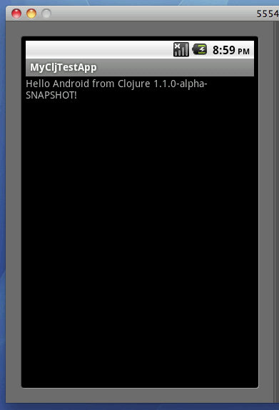 Hello World! from Clojure on Android Virtual Device