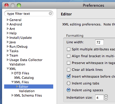 Eclipse XML コードのインデント文字設定画面
